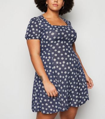 Blue Vanilla Curves Blue Daisy and Spot Mini Dress | New Look