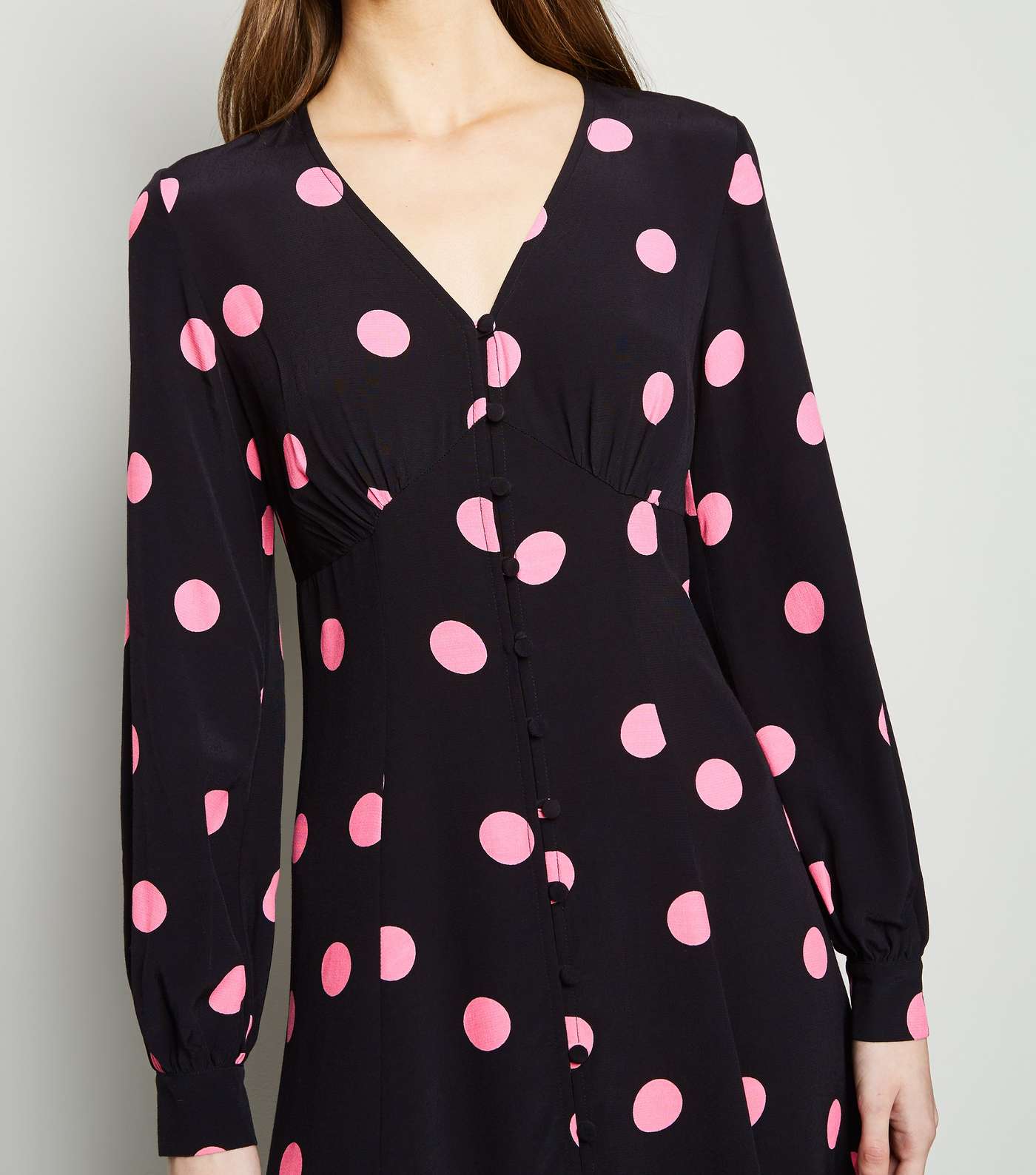 Black Spot Button Long Sleeve Midi Dress Image 3