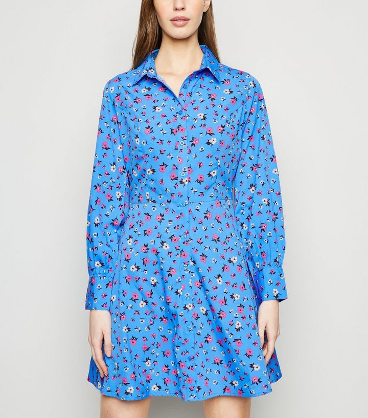 Blue Floral Long Sleeve Shirt Dress