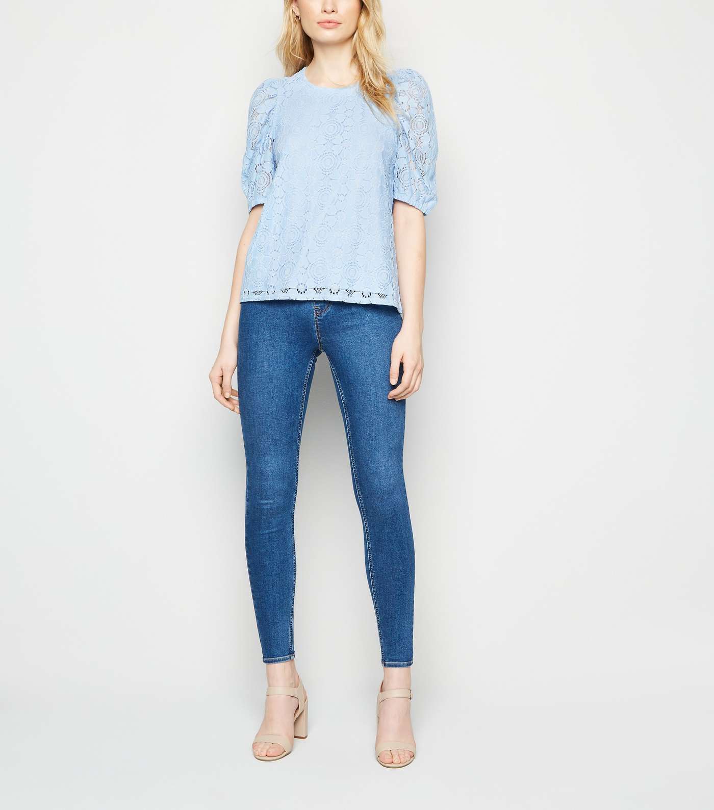 Pale Blue Lace Puff Sleeve T-Shirt Image 2