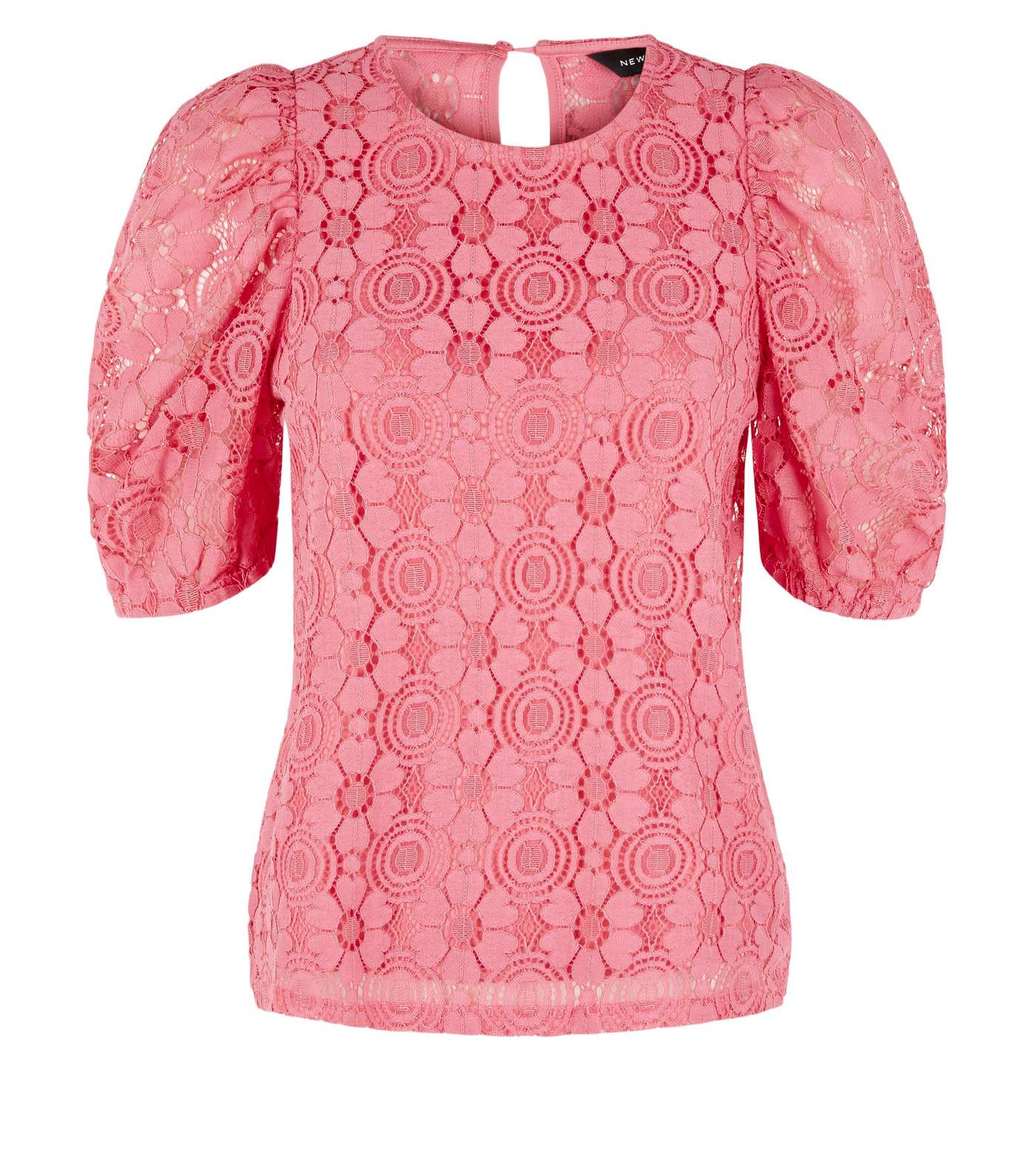 Bright Pink Lace Puff Sleeve T-Shirt Image 4