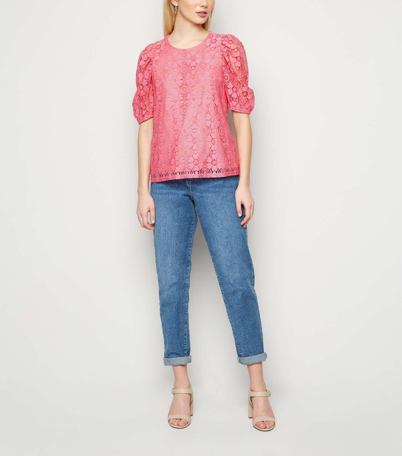 Bright Pink Lace Puff Sleeve T-Shirt Image 2