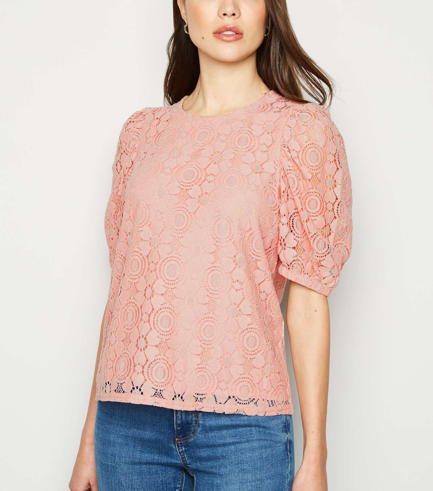 Mid Pink Lace Puff Sleeve T-Shirt