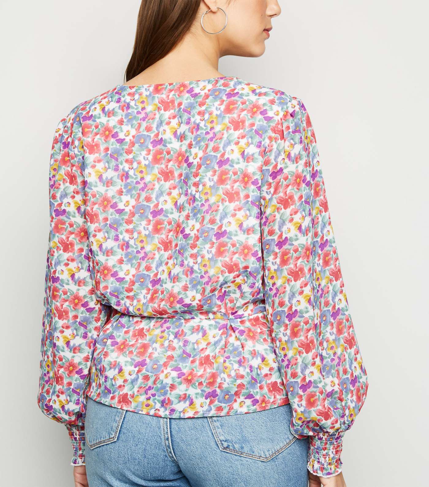 White Floral Puff Sleeve Peplum Wrap Top Image 3
