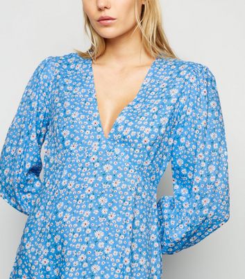 Blue Daisy Print Puff Sleeve Mini Dress 