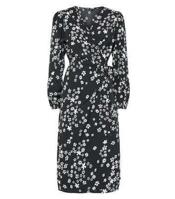Image of Black Floral V Neck Midi Belted Wrap Dress New Look