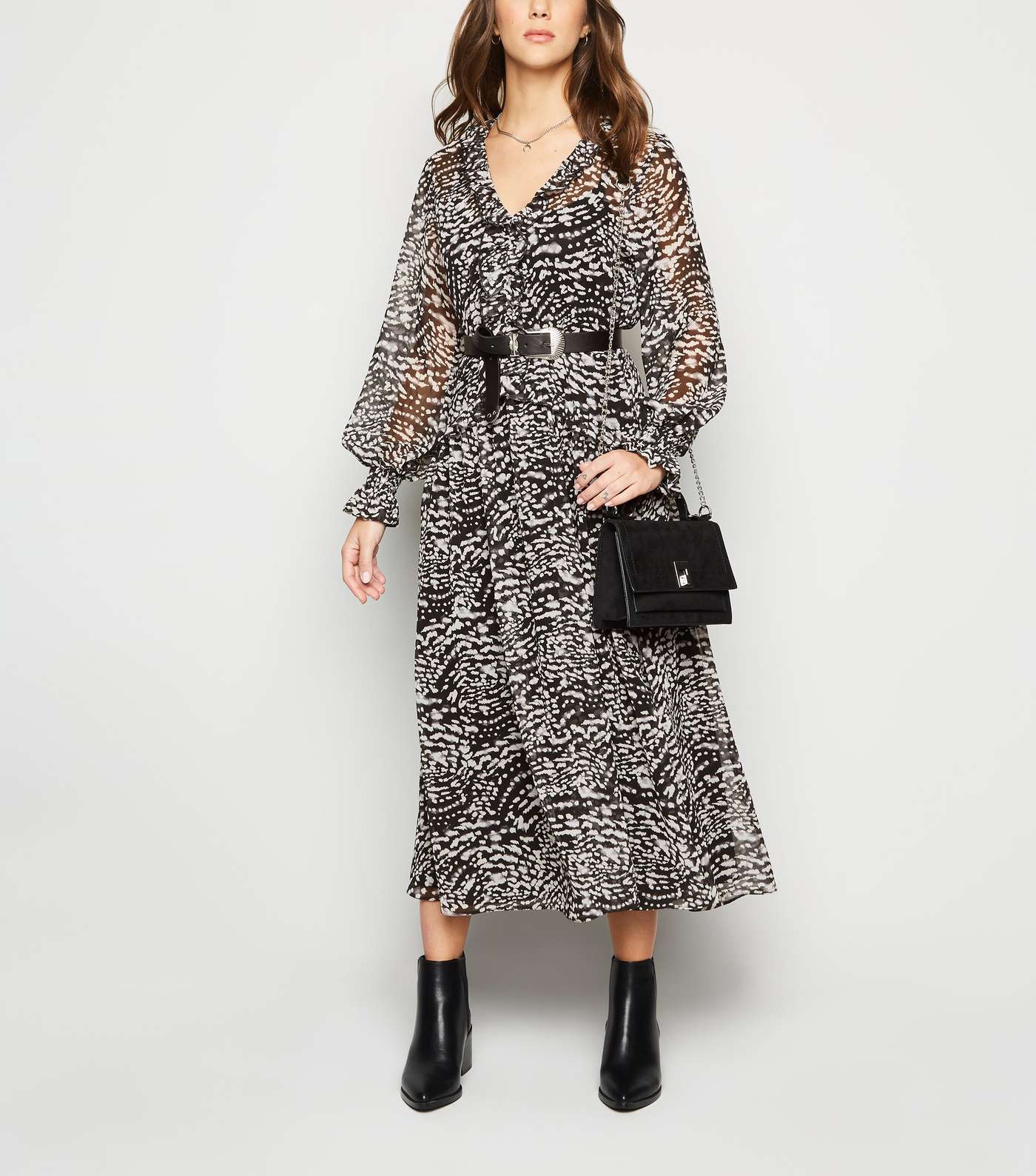 Black Leopard Print Chiffon Midi Dress