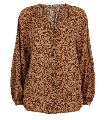 Image of Brown Leopard Print V Neck Shirt New Look