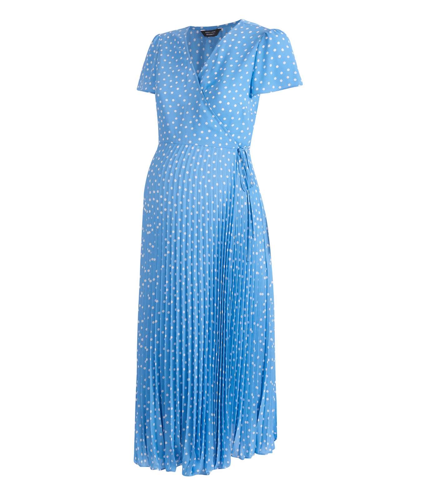 Maternity Blue Spot Pleated Wrap Midi Dress