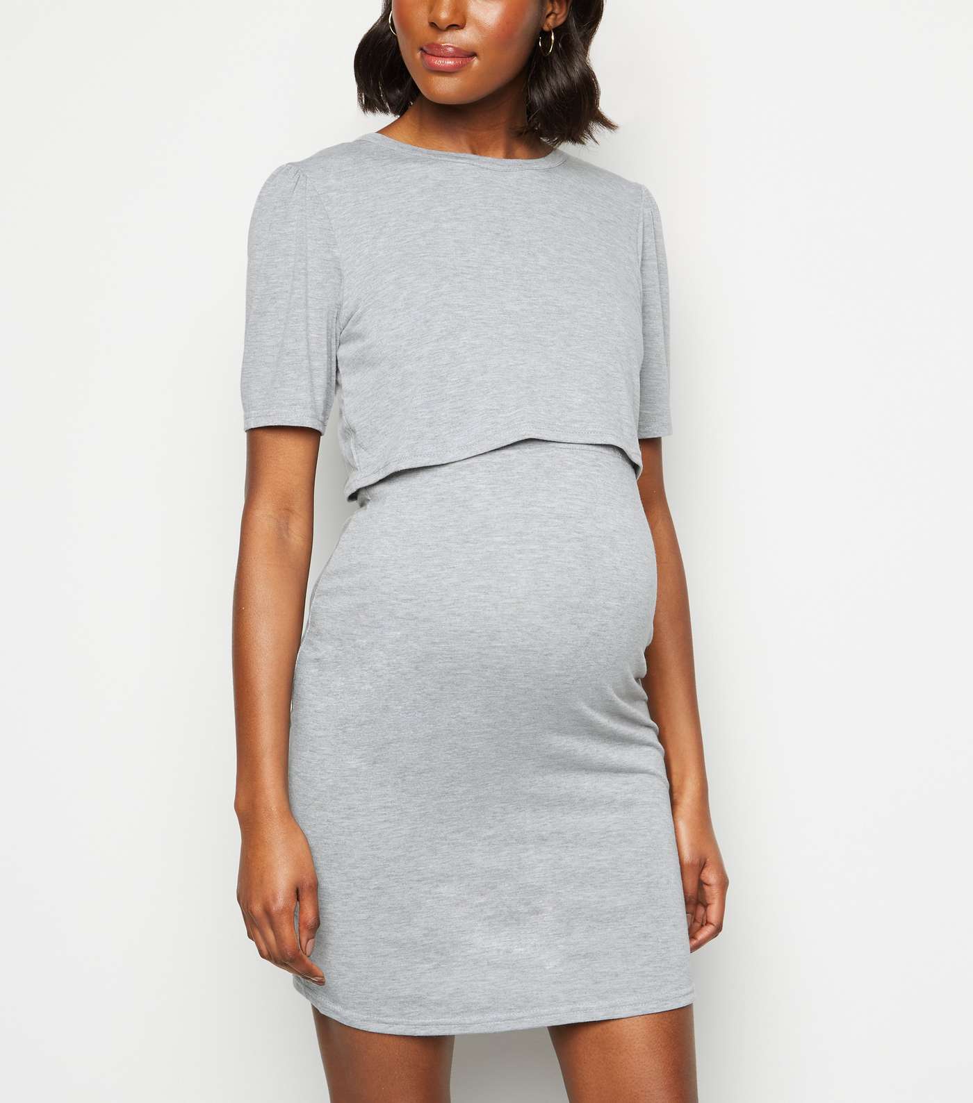 Maternity Grey Puff Sleeve Nursing Dress