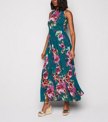 Blue Vanilla Green Floral Pleated Maxi Dress