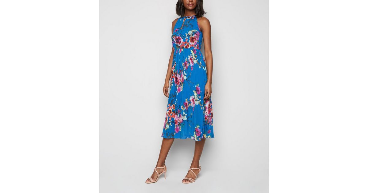 Blue Vanilla Blue Floral Pleated Midi Dress New Look
