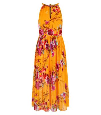 Image of Blue Vanilla Orange Floral Pleated Midi Dress New Look