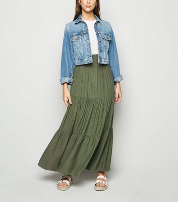 tiered denim maxi skirt