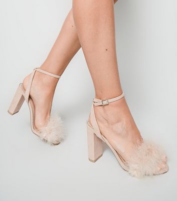 Image of Pale Pink Feather Strap Block Heel Sandals New Look