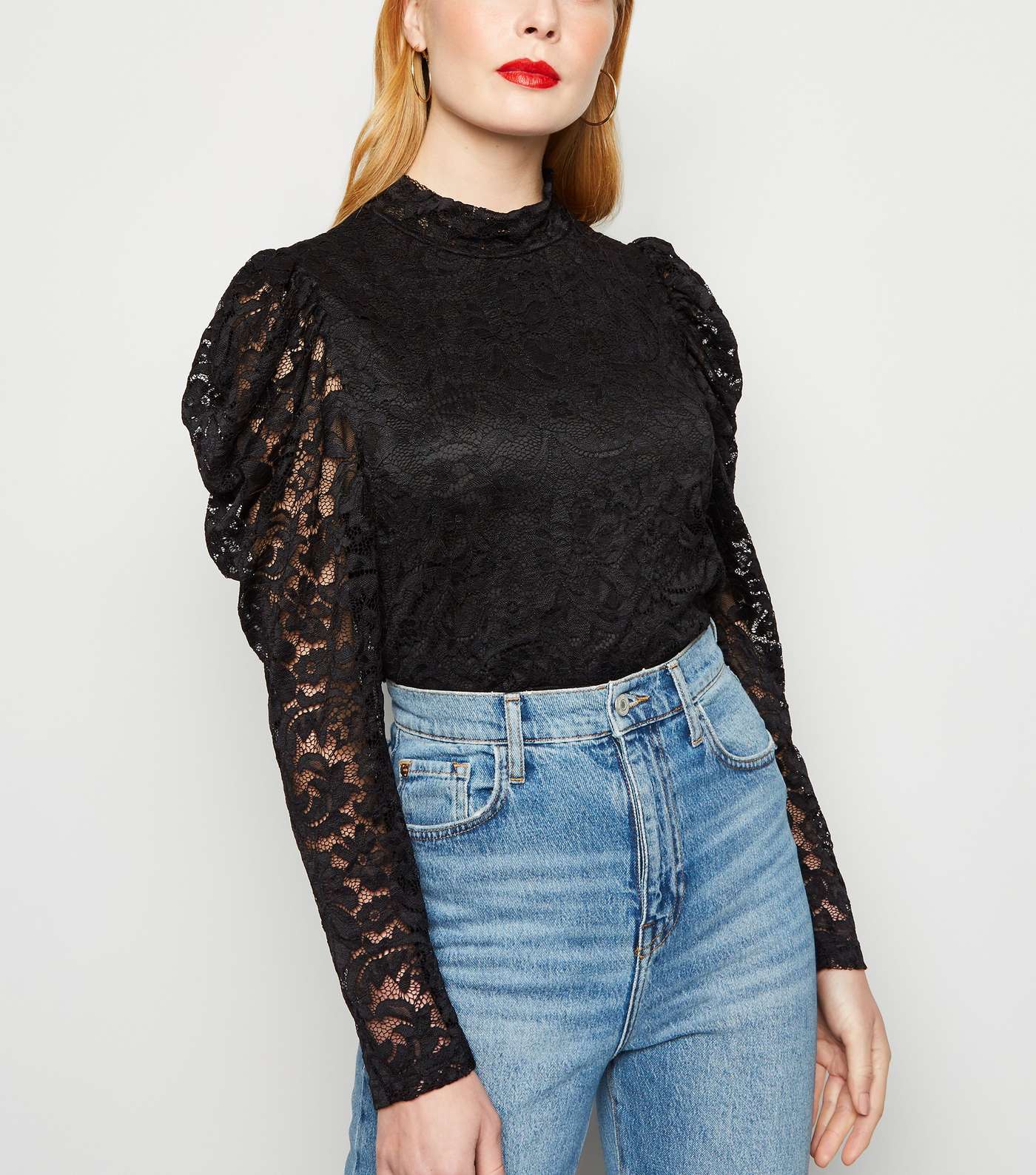 Cameo Rose Black Lace Puff Sleeve Top