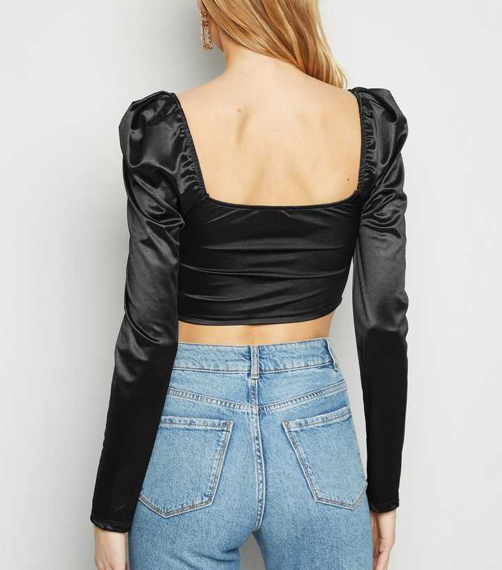 Cameo Rose Black Satin Zip Front Crop Top