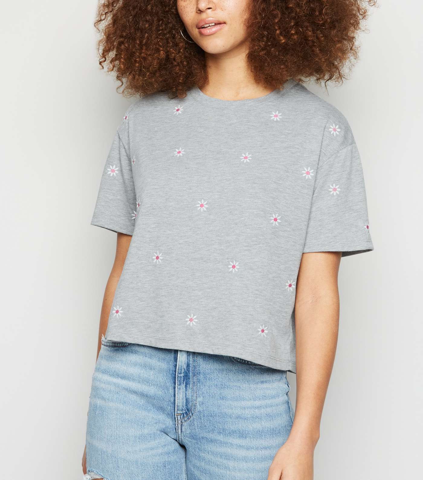 Grey Daisy Embroidered Boxy T-Shirt