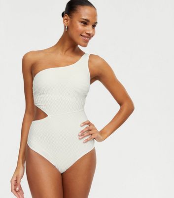 White Textured One Shoulder Swimsuit 
