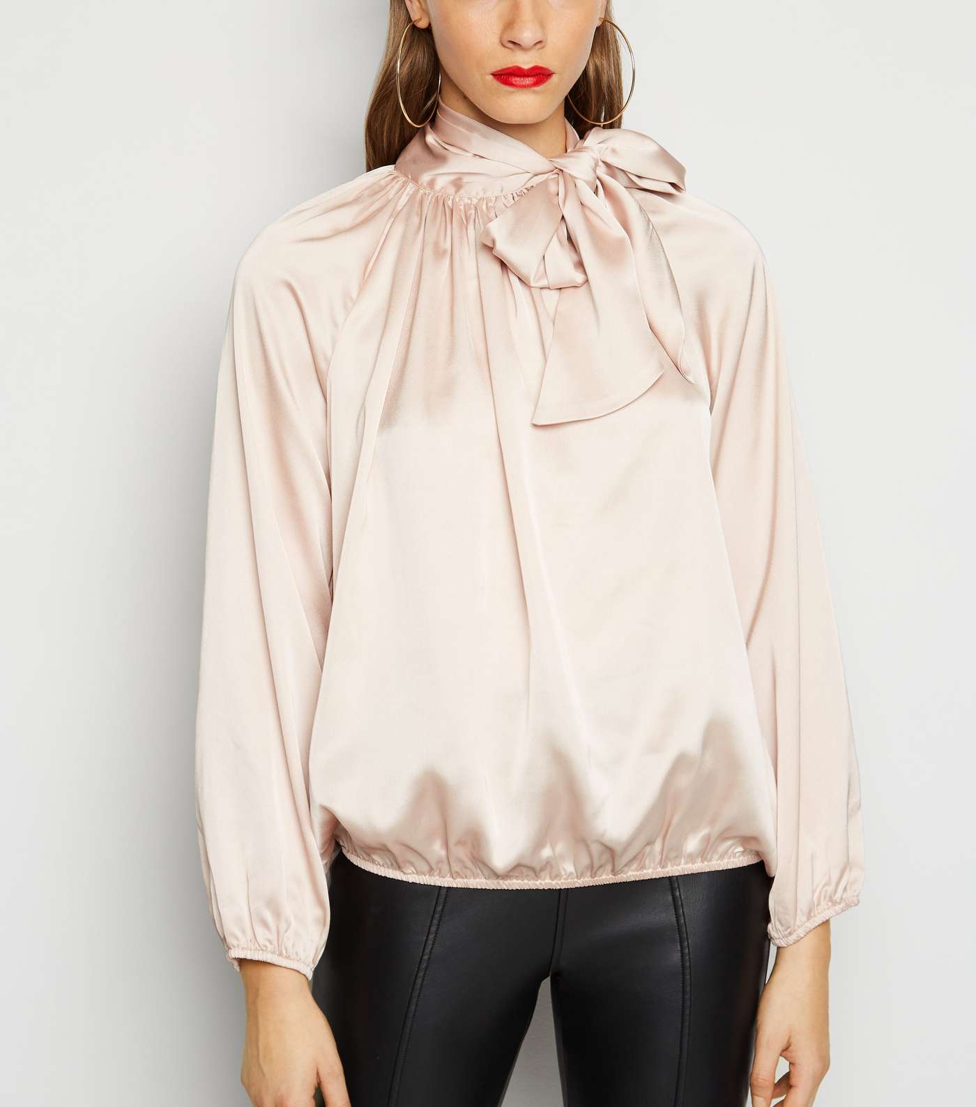 Cameo Rose Pale Pink Satin Tie Neck Blouse