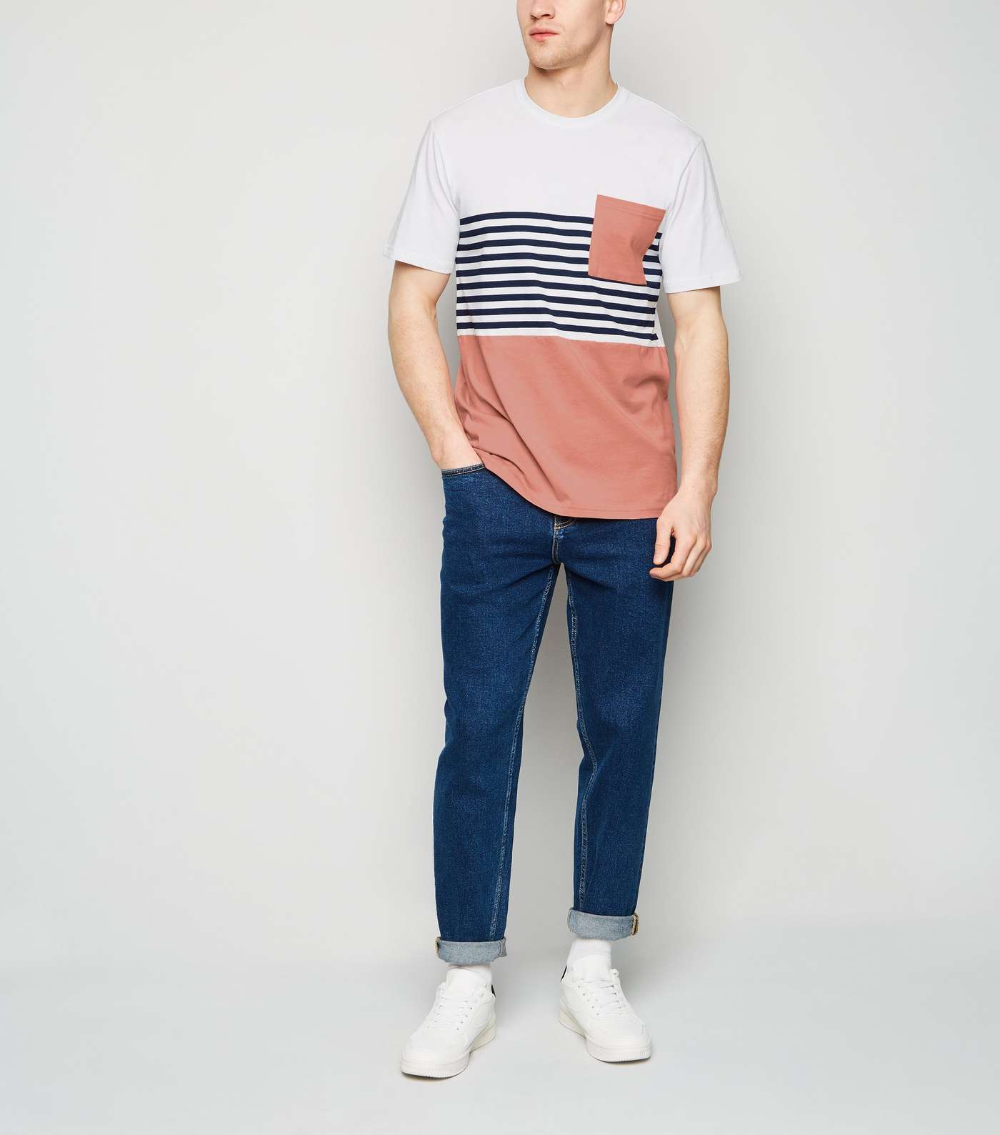 Only & Sons Mid Pink Stripe Colour Block T-Shirt Image 2