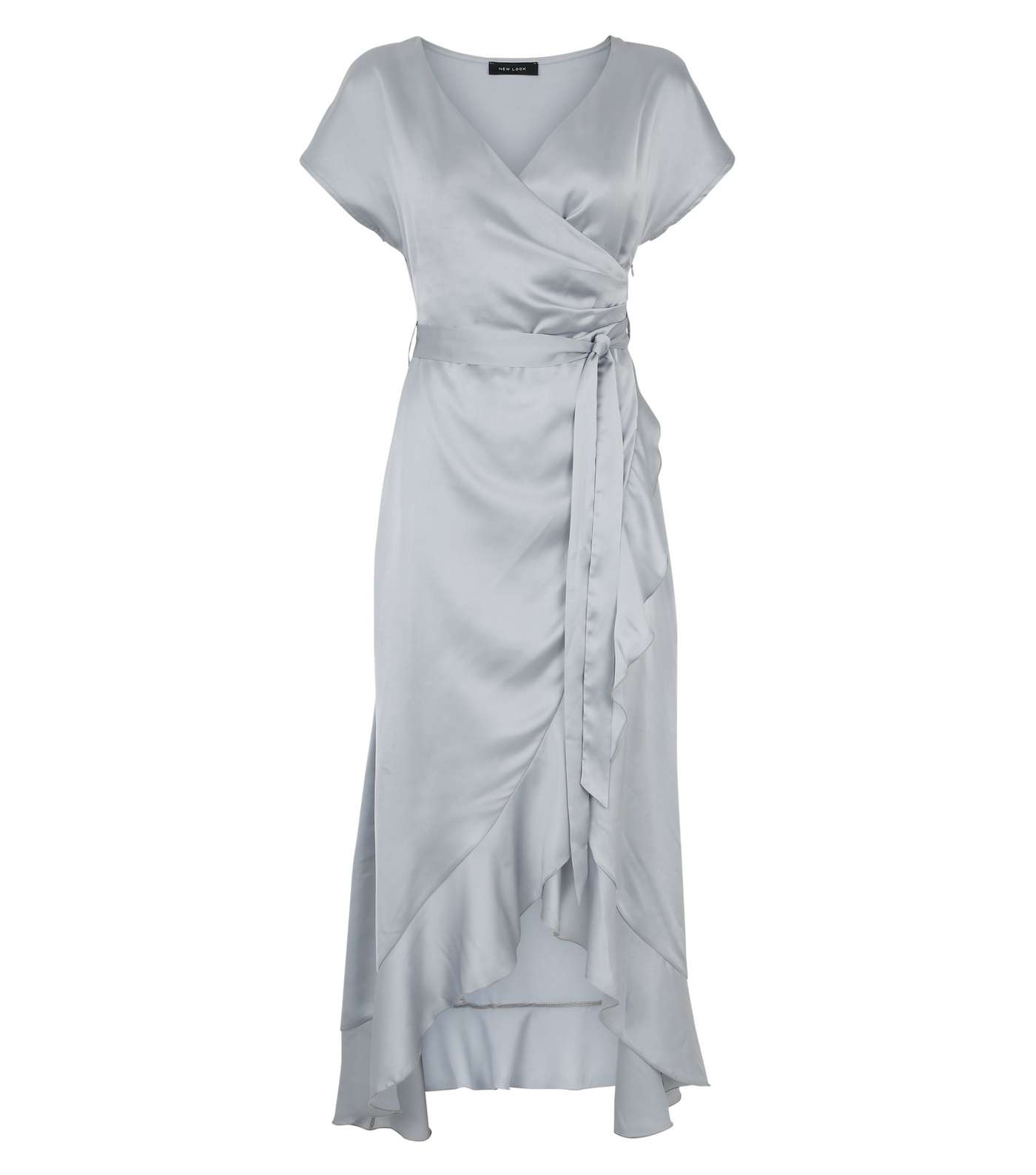 Pale Grey Satin Ruffle Trim Belted Midi Dress Image 4
