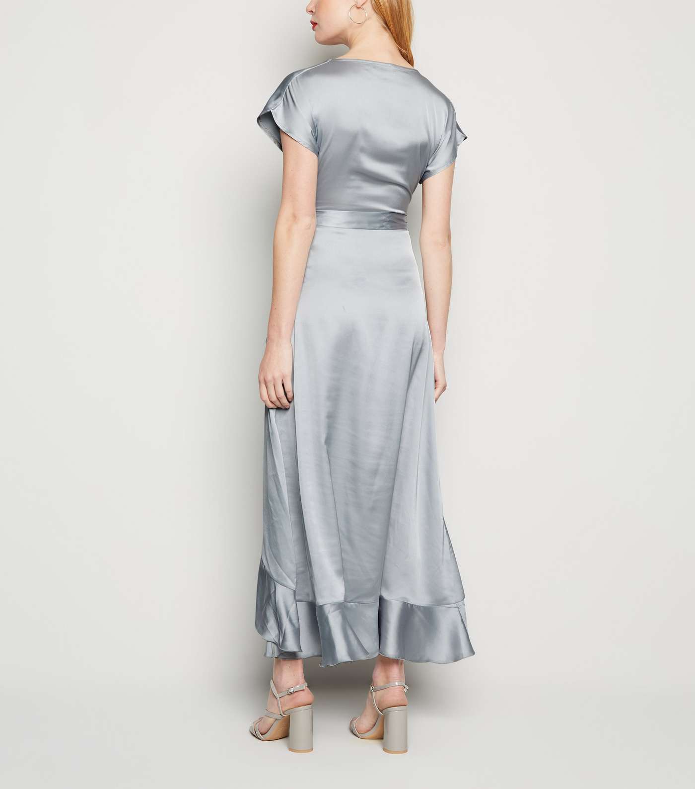 Pale Grey Satin Ruffle Trim Belted Midi Dress Image 2