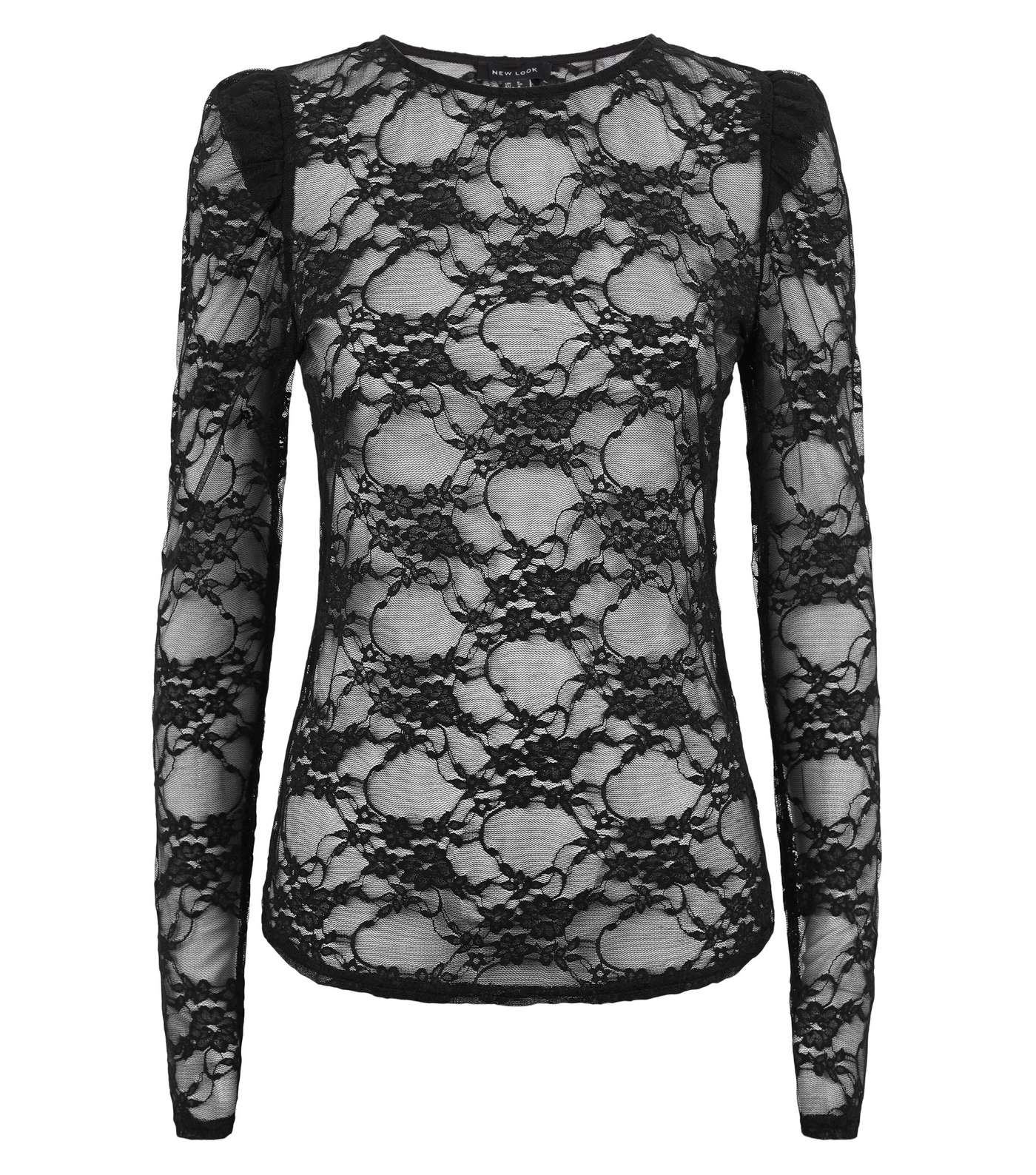 Black Lace Mesh Puff Sleeve Top Image 4