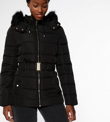 ax paris belted padded jacket with faux fur lining