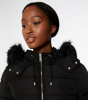 Tall black faux fur hooded trim sale puffer jacket