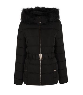 Tall Black Faux Fur Belted Puffer 