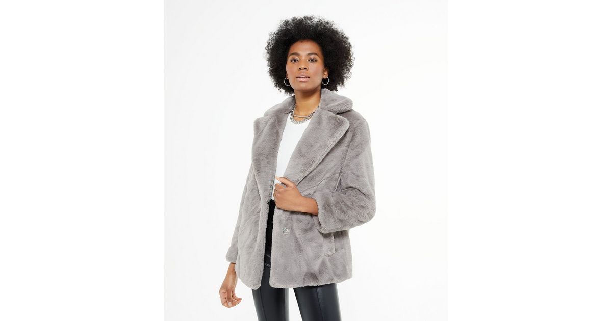Tall Dark Grey Faux Fur Coat New Look, Grey Faux Fur Coat New Look