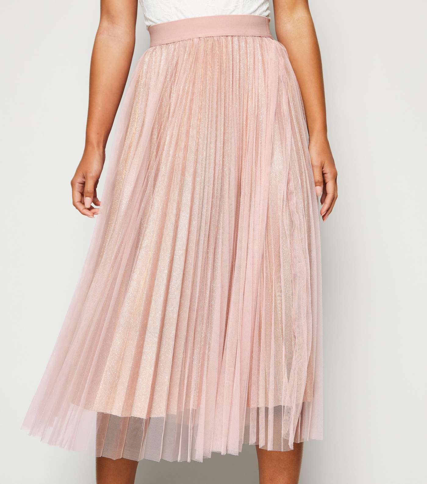 Petite Pale Pink Glitter Mesh Pleated Midi Skirt  Image 5