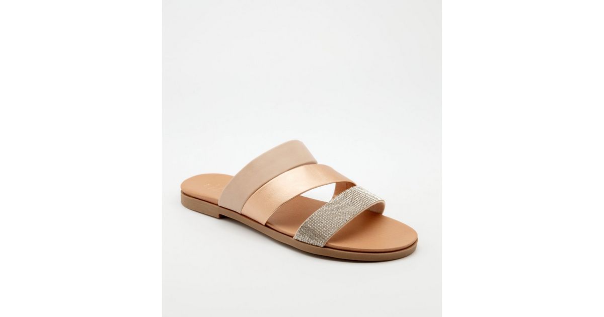 Wide Fit Cream Diamanté Asymmetric Strap Sliders | New Look