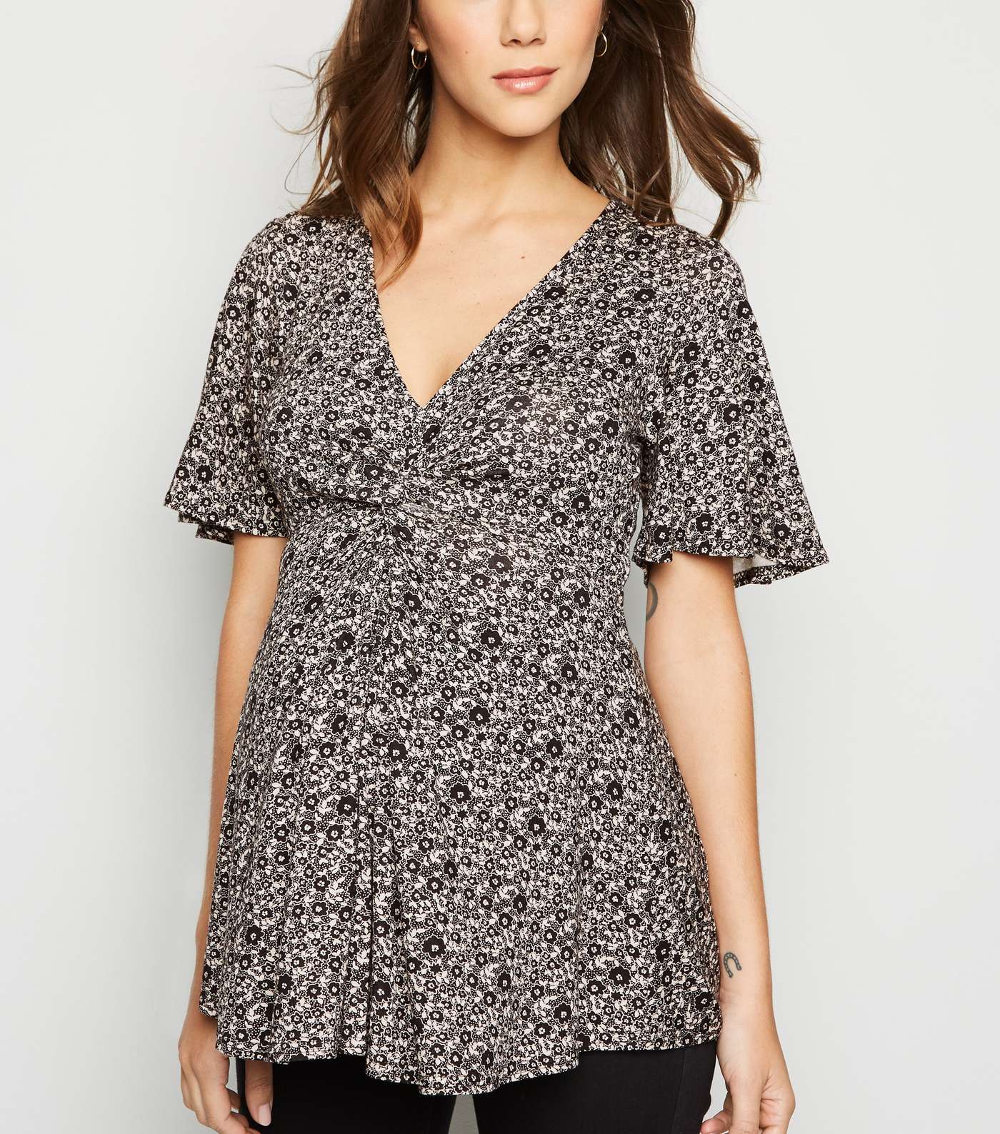 Maternity Black Ditsy Floral Twist Front Top
