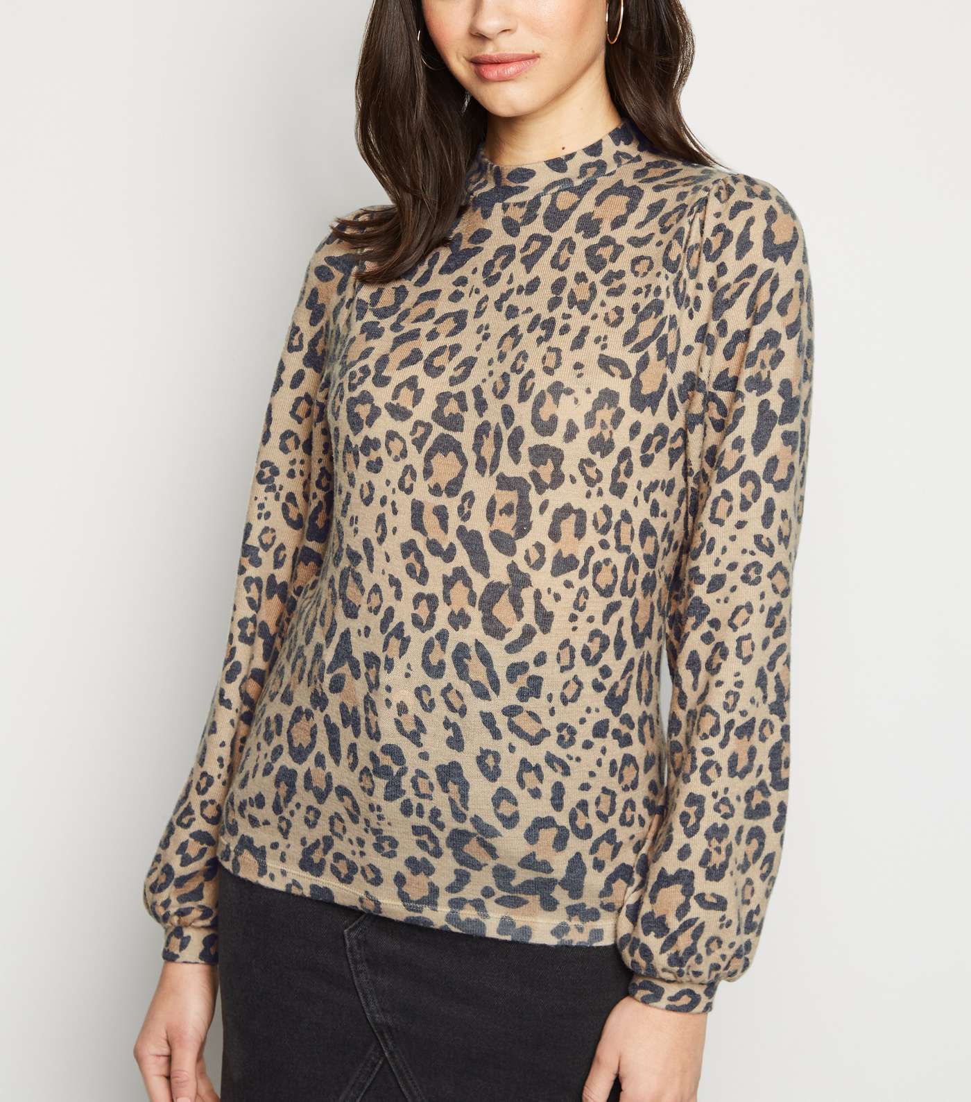 Brown Leopard Print Fine Knit Puff Sleeve Top