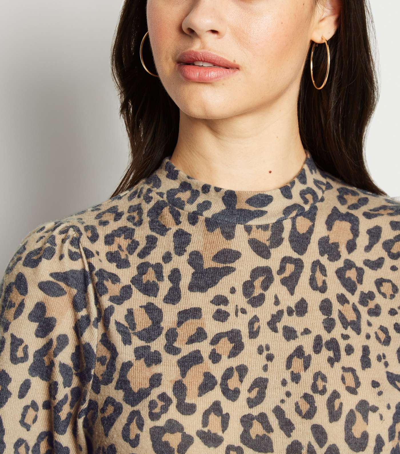 Brown Leopard Print Fine Knit Puff Sleeve Top Image 5