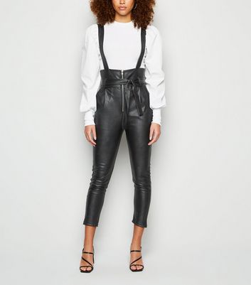 Honey Behave Black LeatherLook Trousers with Braces  New Look