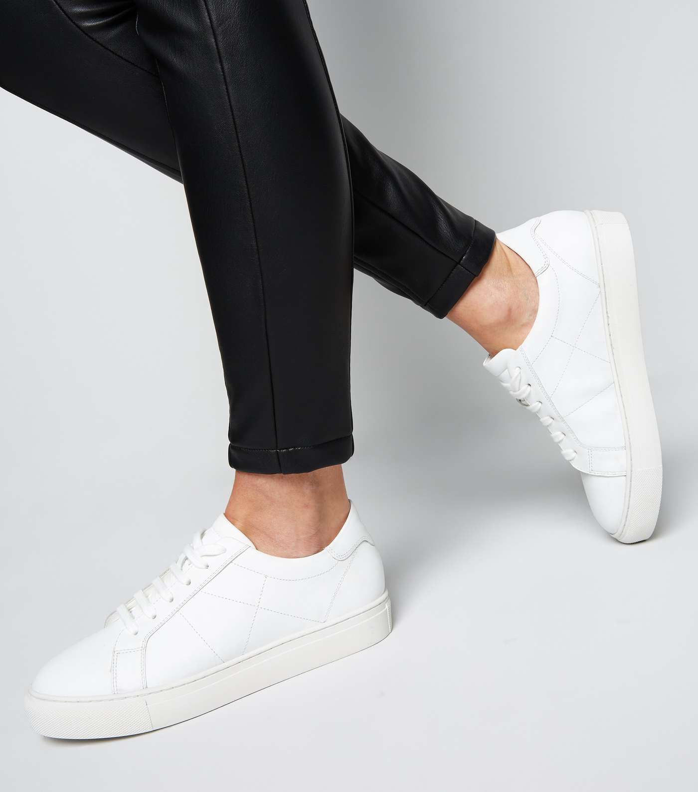 White Leather Seam Detail Lace Up Trainers Image 2