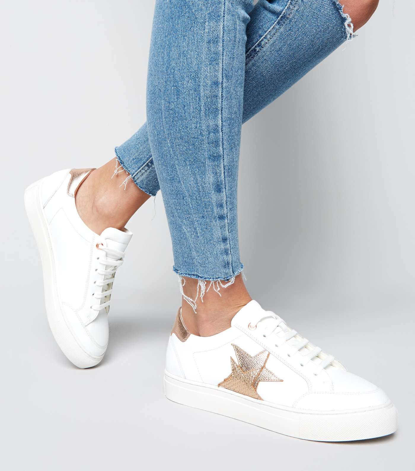 White Leather Metallic Star Side Lace Up Trainers Image 2