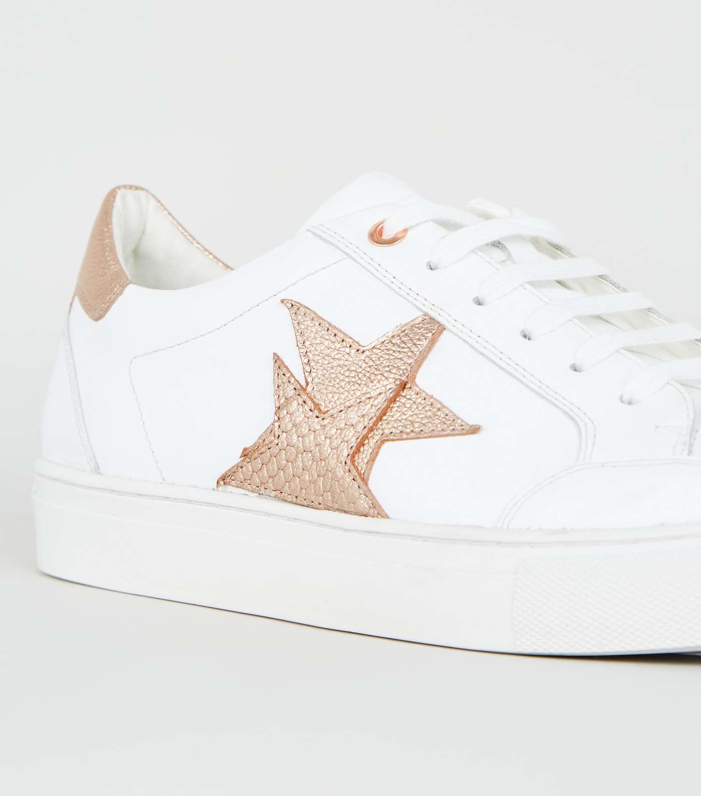 White Leather Metallic Star Side Lace Up Trainers Image 4