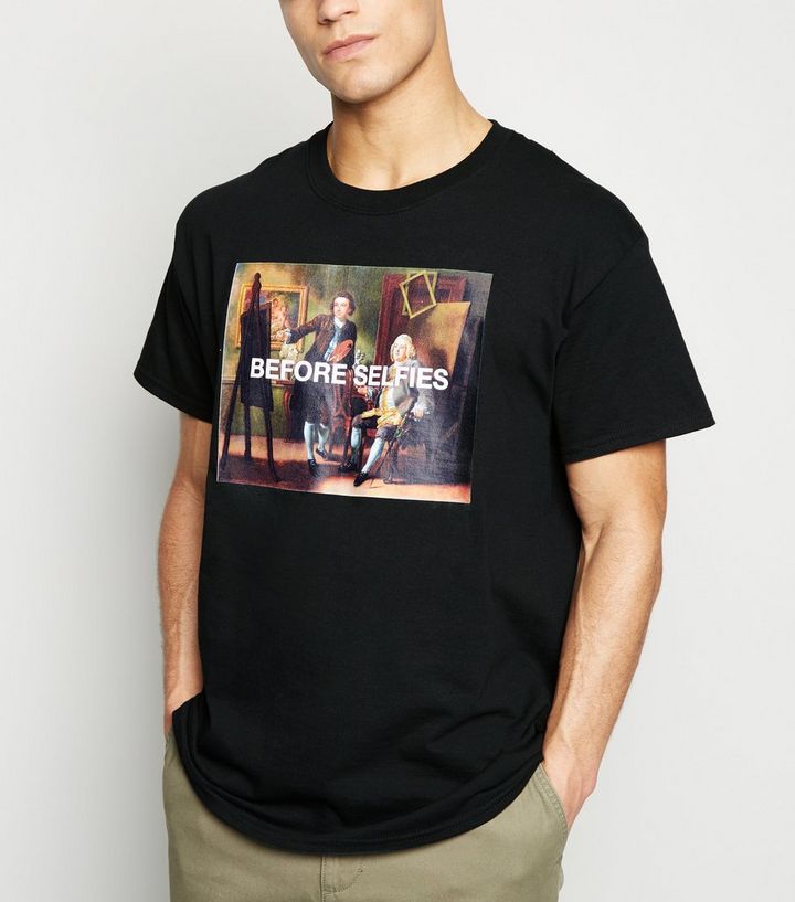 Schwarzes T Shirt Mit Before Selfies Slogan In Portrait Gallery Art Und Meme Optik New Look