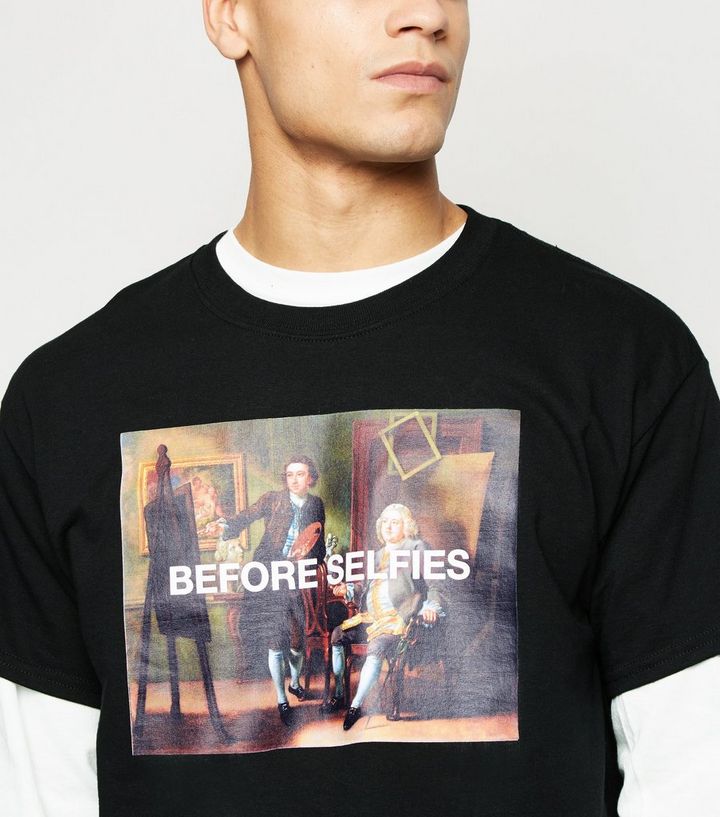 Schwarzes T Shirt Mit Before Selfies Slogan In Portrait Gallery Art Und Meme Optik New Look