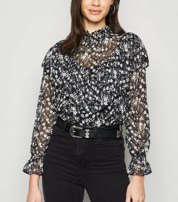 black high neck ruffle blouse