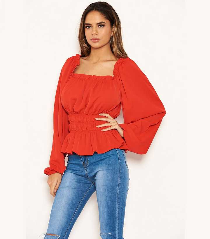 Black And Red Printed Long Sleeve Shirred Detail Top – AX Paris