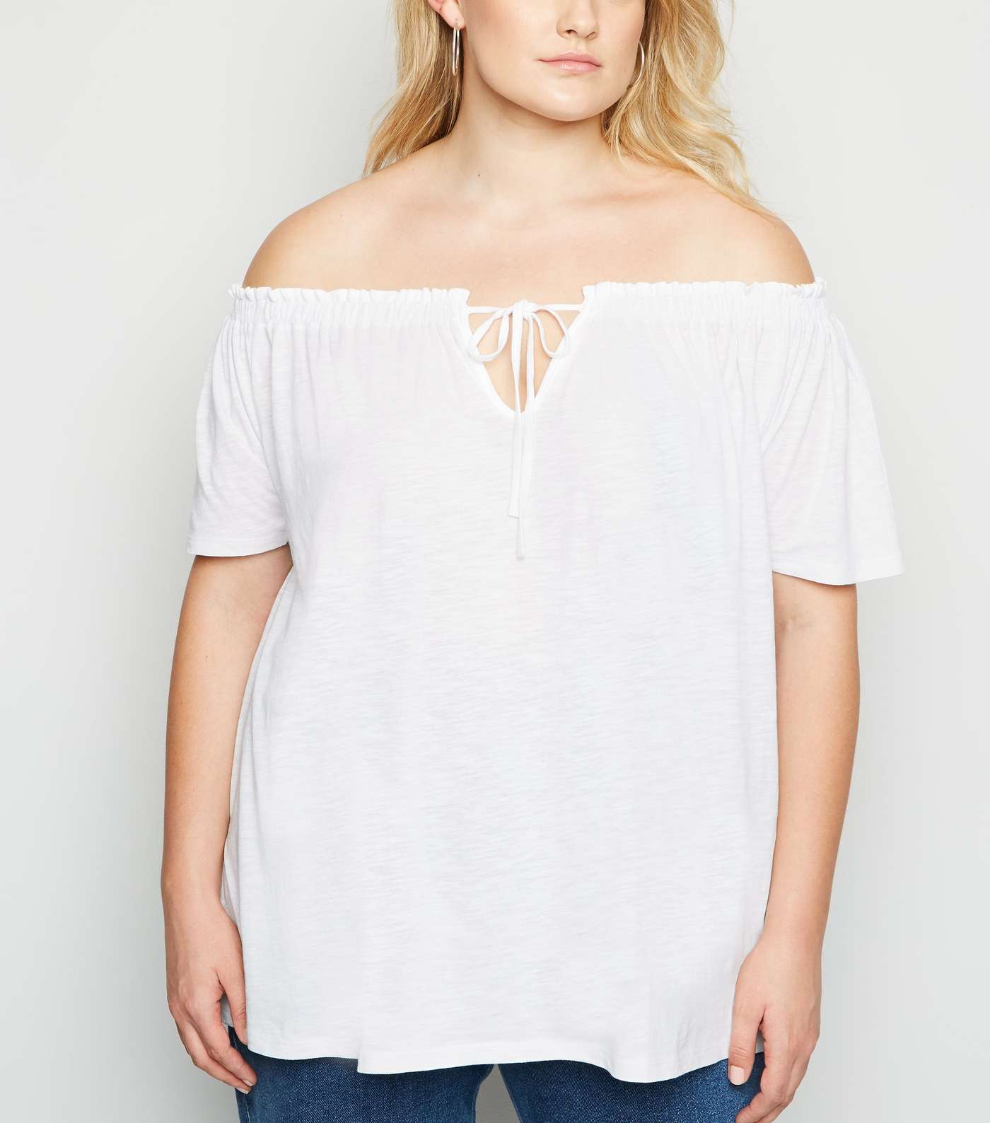 Curves White Bardot Tie Front Top