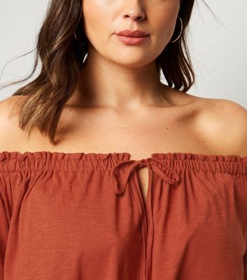 Image of Curves Rust Bardot Tie Front Top New Look