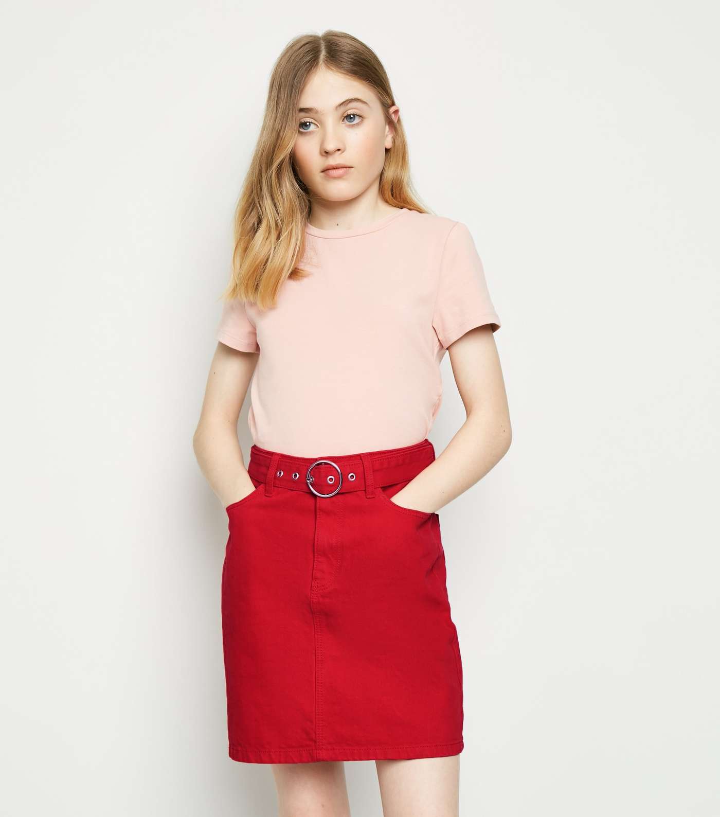 Girls Red Belted Denim Skirt