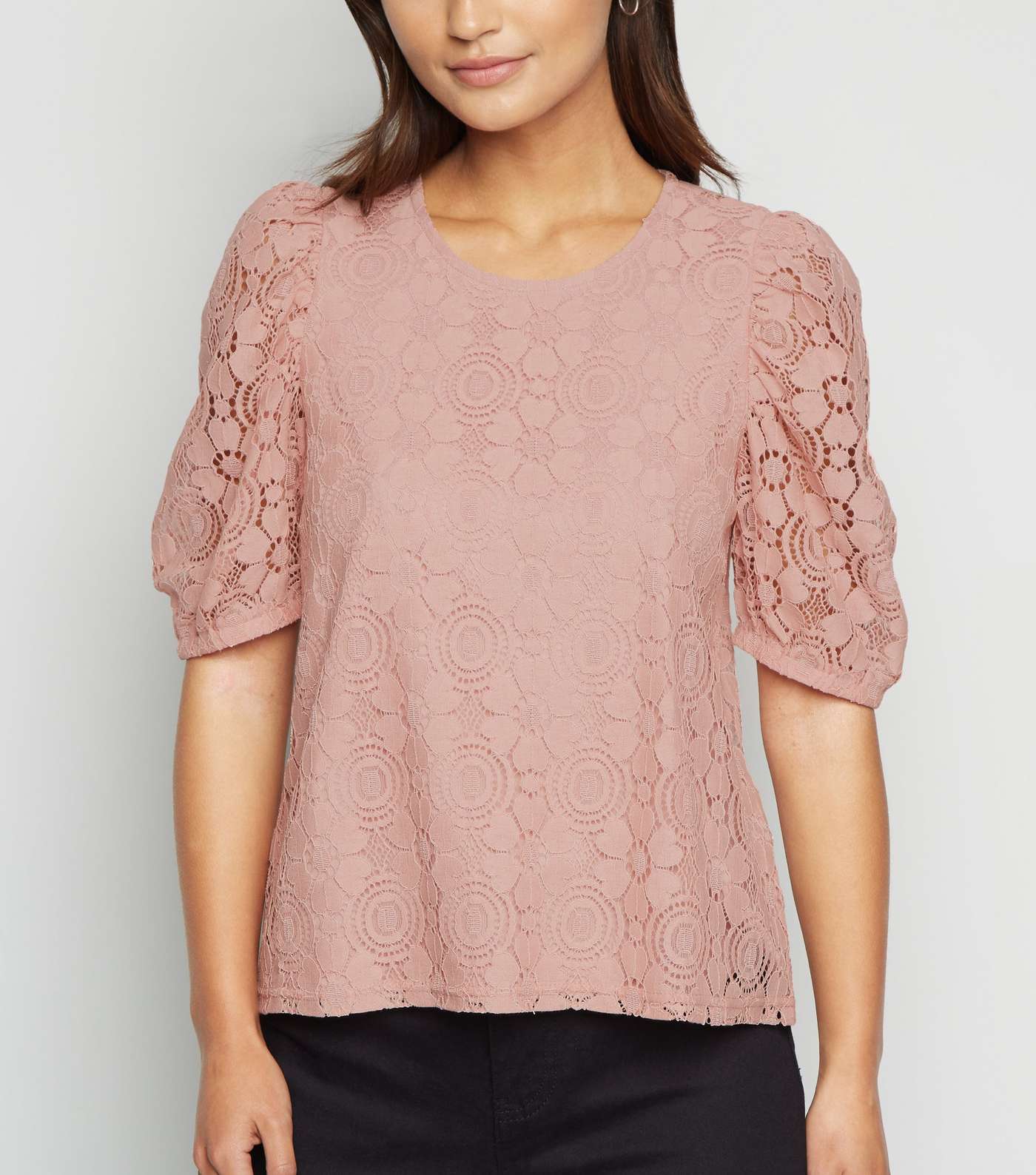 Petite Mid Pink Lace Puff Sleeve T-Shirt
