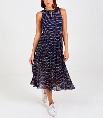 Image of Blue Vanilla Navy Spot Pleated Midi Dress New Look